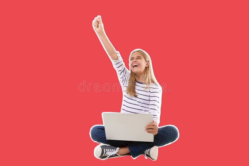  excited teen girl sitting on the floor, celebrating success with arm raised,isolated royalty free stock photo  excited teen girl sitting on the floor, celebrating success with arm raised,isolated royalty free stock photo